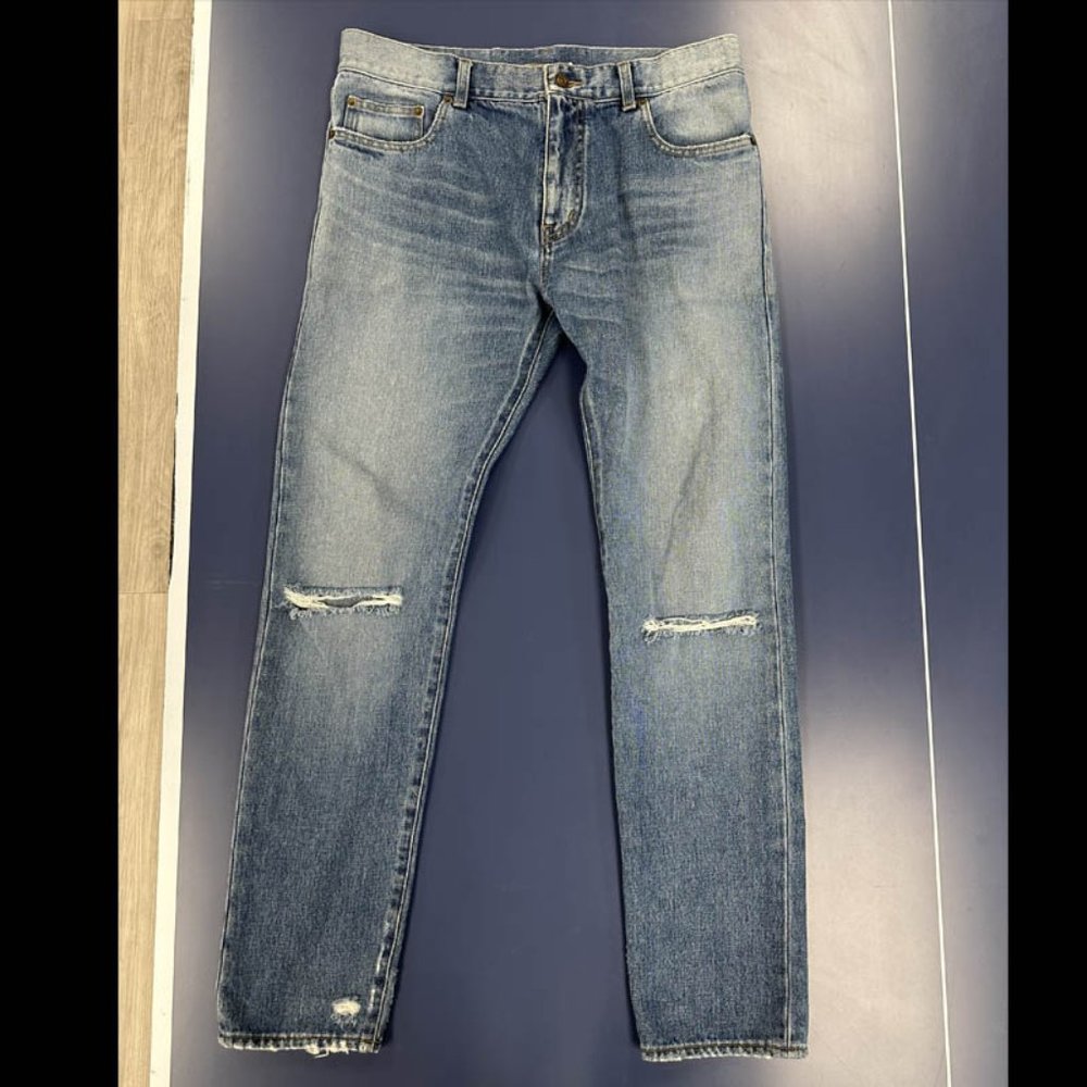 SAINT LAURENT HEDI SLIMANE blue cotton torn knee washed slim denim jeans 32"x31"